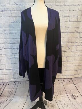Chico’s Long Sweater Jacket Duster Purple/Black Floating Foliage NWT Chicos 3 XL